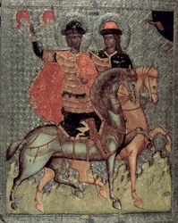 St. Boris och St. Gleb monterade, ca 1377 (tempera på panel)